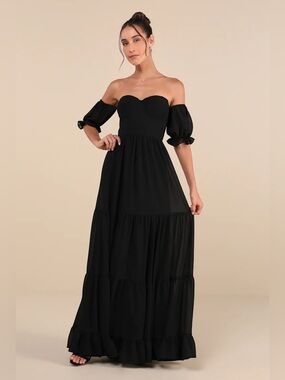 Lulus Exceptionally Gorgeous Black Chiffon Off-the-Shoulder Maxi Dress XXS NWT